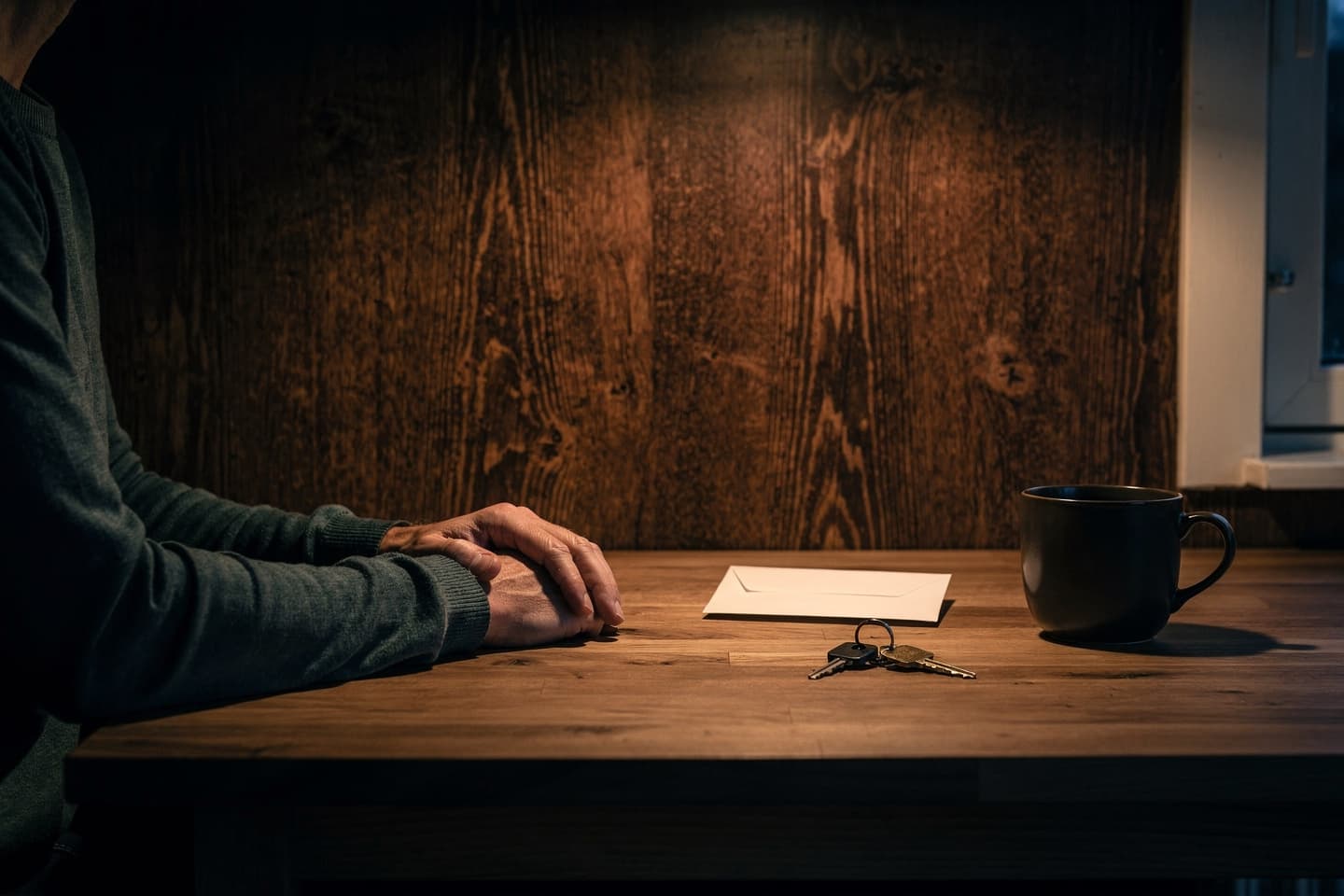 AI-generated: Skapad med artificiell intelligens: händer vid ett köksbord på kvällen bredvid ett stängt kuvert, nycklar och en kaffekopp