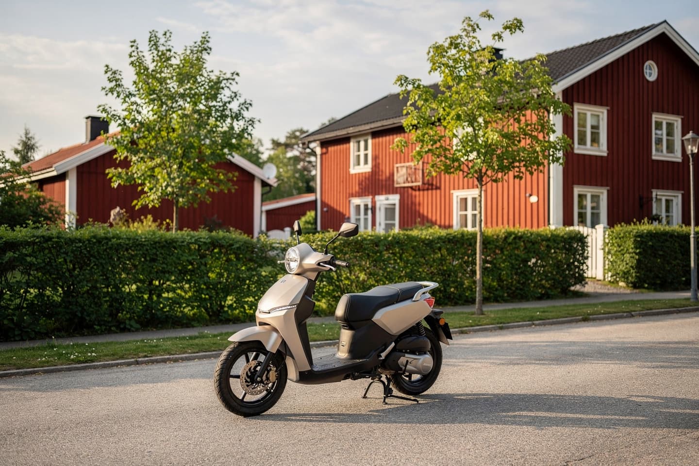 AI-generated: Moped parkerad på en lugn villagata framför röda trähus